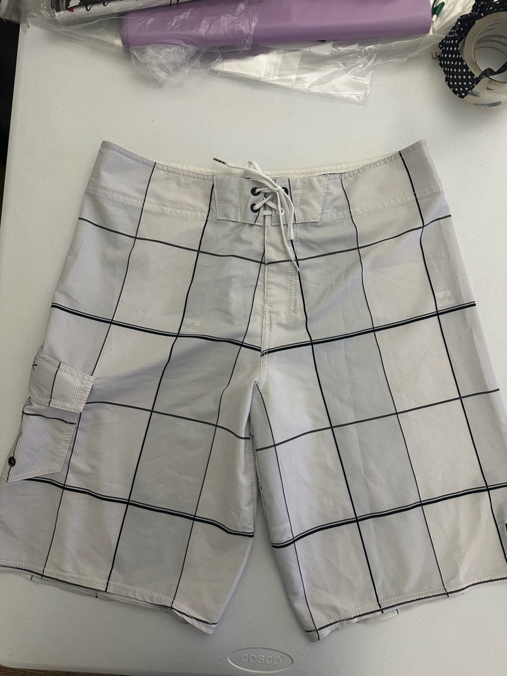 Billabong White Swim Board Shorts with Black Grid